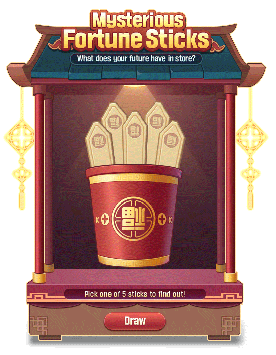 Mysterious Fortune Sticks booth with five sticks and its Draw button