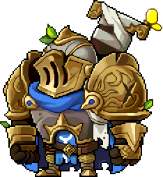 Sir Hamselot in gold armor holding a pennant