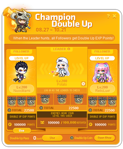 Double-Up-EXP- und Münzfortschritt