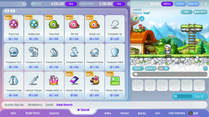 Special-Kategorien im Cash Shop