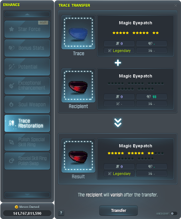 Spurenübertragungsmaterialien und Ergebnis