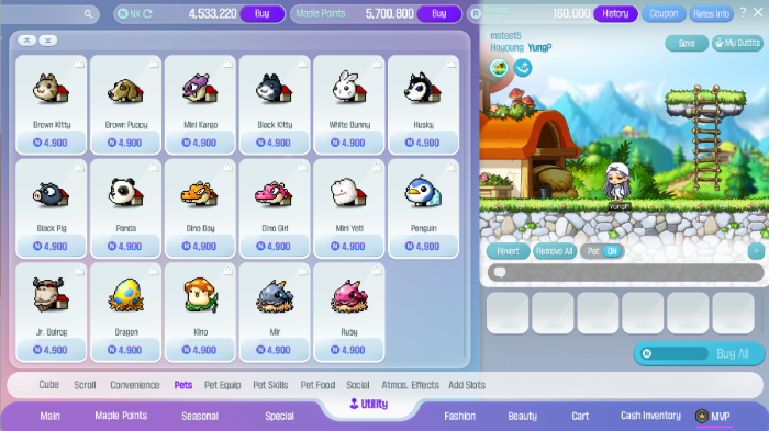 Utilities-Kategorien im Cash Shop