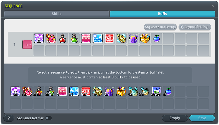 Buff-Sequence-Editor mit gespeicherten Buffs und geeigneten Verbrauchsgegenständen