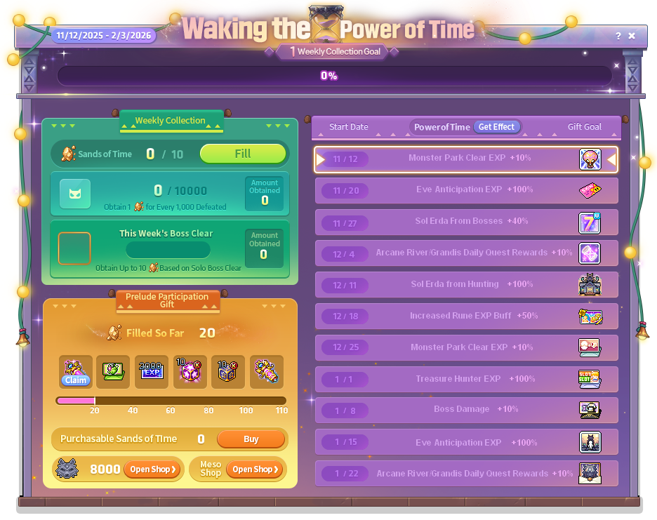 Waking the Power of Time mit wöchentlichem Sands-Zähler, Gemeinschaftseffekten und Gesamtgeschenken