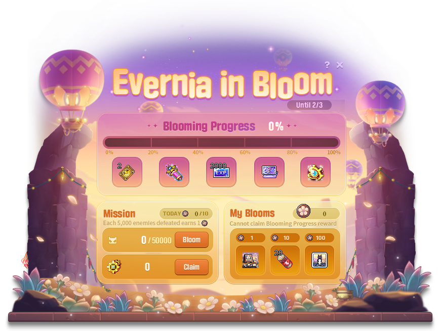 Evernia-in-Bloom-Fortschritt, Tagesblumenzahl und Belohnungsschaltflächen