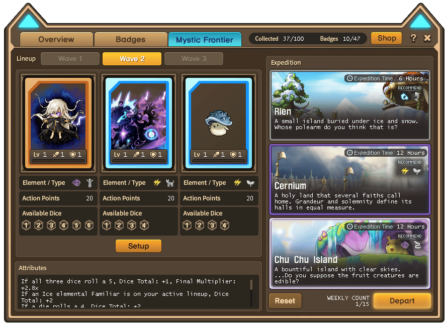 Drei registrierte Mystic-Frontier-Familiars mit Action Points und verfügbaren Würfeln