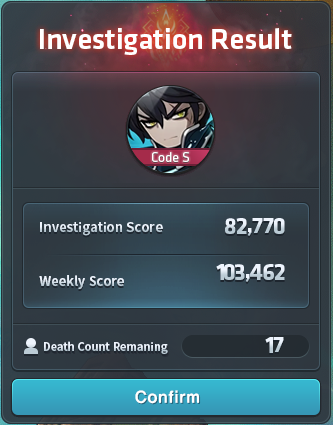 Investigation Result zeigt Laufpunkte, Wochenpunkte und verbleibende Leben