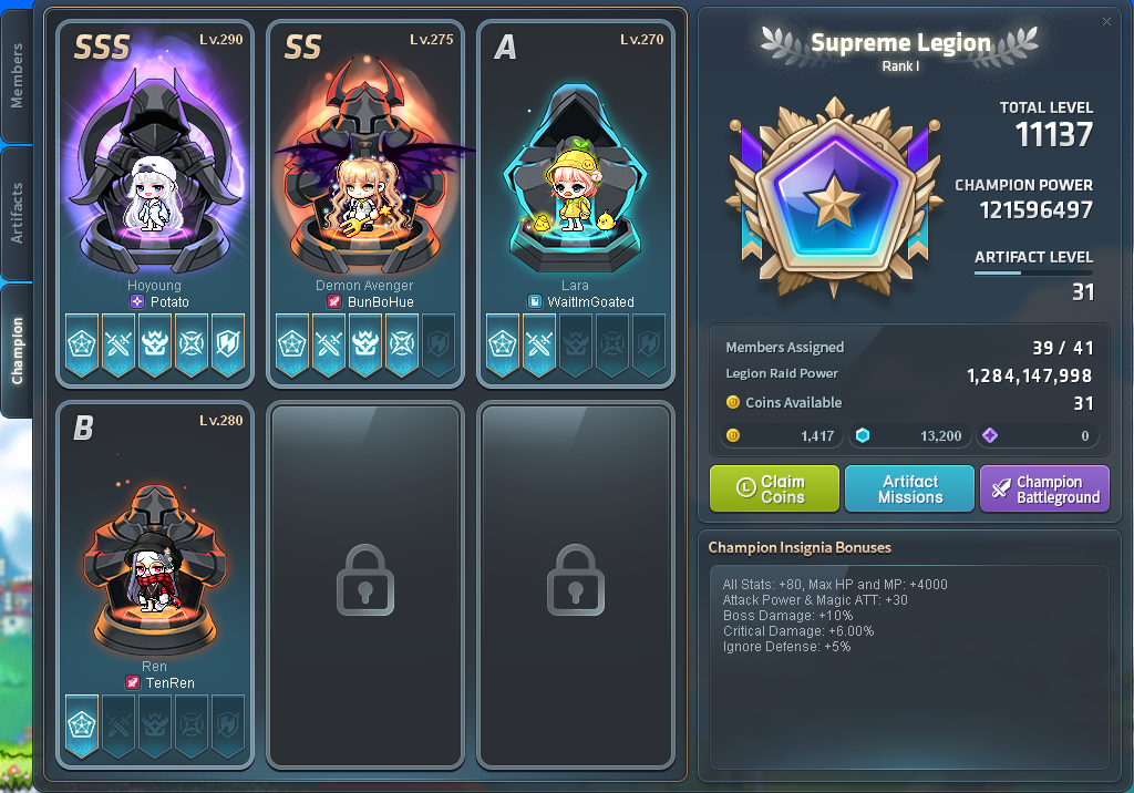 Legion Champion interface with the fourth slot occupied