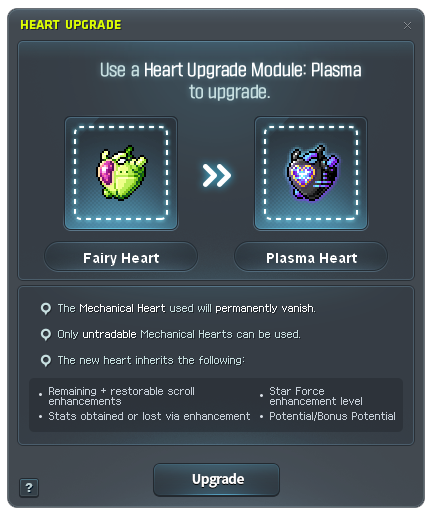 Heart upgrade interface with inherited enhancements