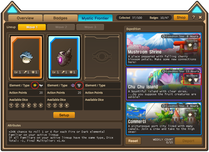 Mystic Frontier matching element and type recommendations highlighted