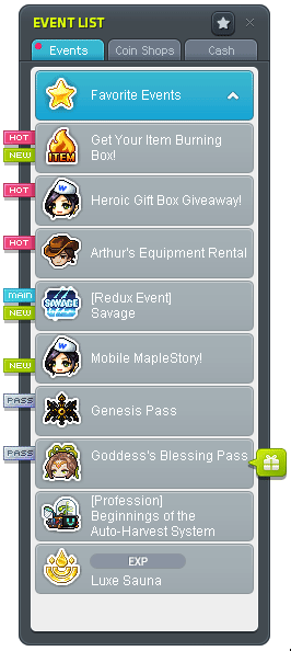 Event List tabs and Favorite Events dropdown