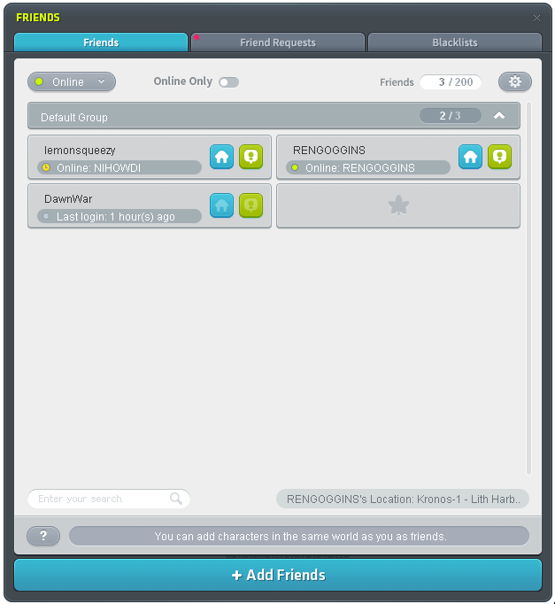 Friend List with search, friend requests and online status
