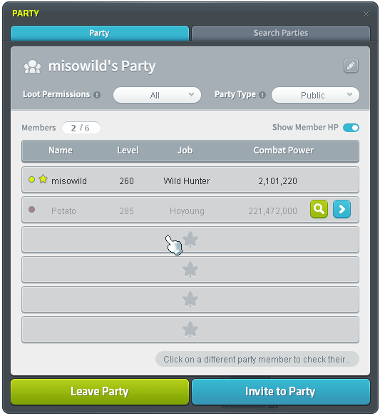 Party interface showing member Combat Power and online status