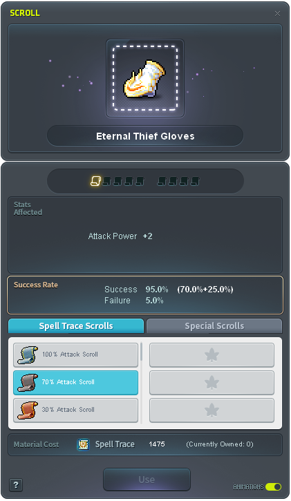 Scroll enhancement result showing stat increases