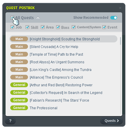 Quest interface filters