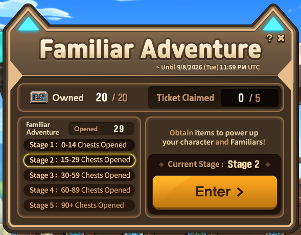 Familiar-Adventure-Eingang und Truhenstufengrenzen