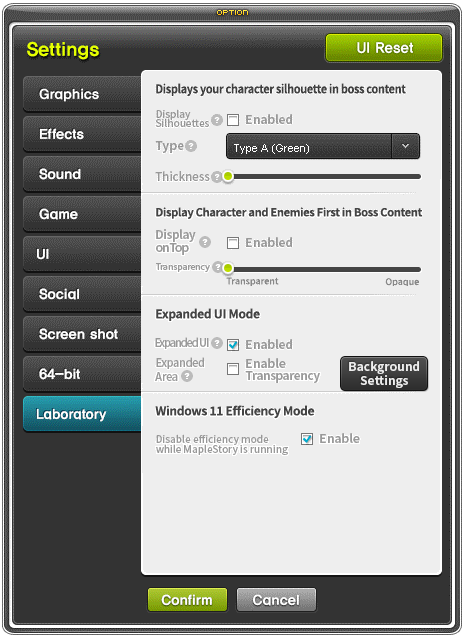 Labor-Einstellungen für Vordergrundfiguren und Expanded UI Mode